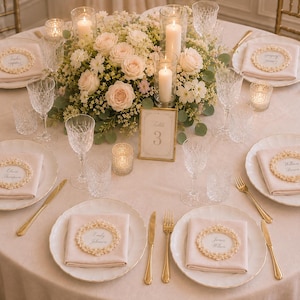 May include: A round dining table set for six with light pink napkins, white plates, gold cutlery, and crystal glassware. A central floral arrangement features pale pink roses and white flowers with three pillar candles. A gold table number sign reads 3.