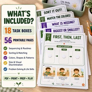 Life Skills Task Boxes for Preschool, Pre-K, Kindergarten (56 Page Printable Bundle)