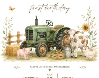 Little Farmer Watercolor Tractor Birthday Invitation (Digital Download)