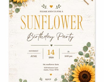 Sunflower Birthday Invitation, Rustic Boho Floral Party Invite, Watercolor Design (Canva Template)