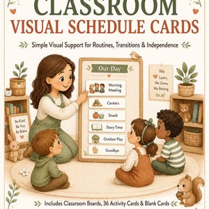 May include: Classroom visual schedule cards set featuring a large board with activity icons and text including Morning Meeting, Centers, Snack, Story Time, Outdoor Play, and Goodbye. Includes 36 activity cards, blank cards, and classroom boards.