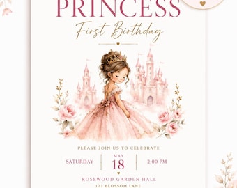 Princess First Birthday Invitation, Fairytale Castle, Pink Floral, Editable Canva Template (Digital Download)
