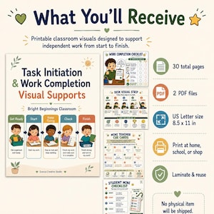 Może przedstawiać: Zestaw drukowanych pomocy wizualnych do klasy zatytułowany Task Initiation & Work Completion Visual Supports. Zawiera listę kontrolną, pasek wizualny, mini karty z podpowiedziami i mini listę kontrolną o wymiarach 21,59 x 27,94 cm.