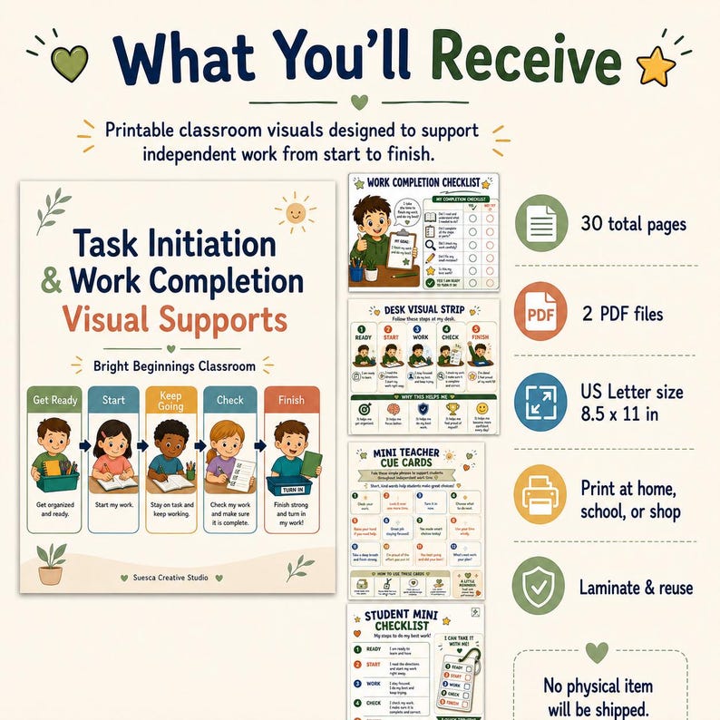 Może przedstawiać: Zestaw drukowanych pomocy wizualnych do klasy zatytułowany Task Initiation & Work Completion Visual Supports. Zawiera listę kontrolną, pasek wizualny, mini karty z podpowiedziami i mini listę kontrolną o wymiarach 21,59 x 27,94 cm.