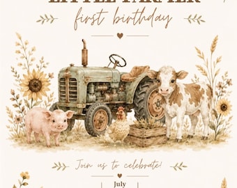Little Farmer Watercolor Birthday Invitation, Tractor Farm Animals (Digital Download)