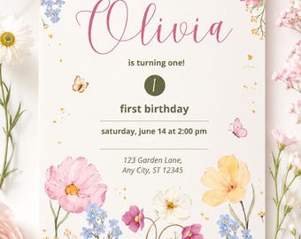Wildflower First Birthday Invitation Template | Watercolor Floral Girls Invite (Digital Download)