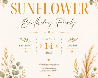 Sunflower Birthday Invitation, Boho Floral Watercolor Party Invite (Digital Download)