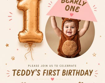 Bearly One Teddy Bear First Birthday Invitation (Digital Download)
