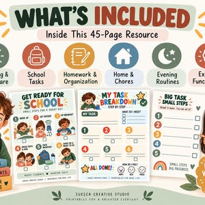 Könnte beinhalten: Ein 45-seitiges Bildungsressourcen-Set mit farbenfrohen Arbeitsblättern für Kinder. Enthält Aufgabenlisten, Checklisten zur Schulvorbereitung und Routineplaner mit Illustrationen von Kindern, Aktivitätssymbolen und beschriftetem Text.