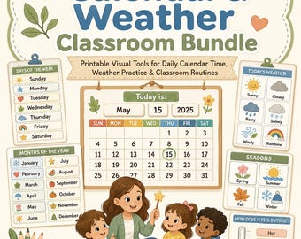 Preschool Calendar and Weather Bundle, Classroom Morning Meeting Printable, Days Months Seasons Temperature Cards
