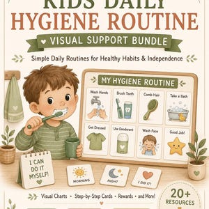 Peut inclure: Un ensemble de support visuel Kids Daily Hygiene Routine comprenant un tableau avec des illustrations pour se laver les mains, se brosser les dents, se peigner, prendre un bain, s'habiller, utiliser du déodorant et se laver le visage, avec des cartes.