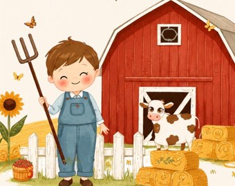 Little Farmer Watercolor Farm Birthday Invitation (Digital Download)