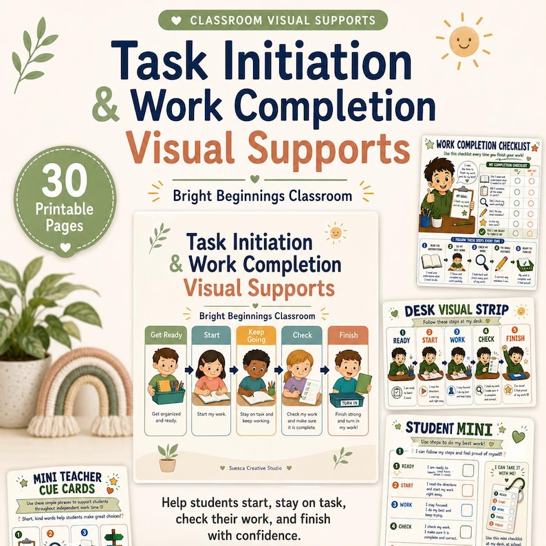 Może przedstawiać: Zestaw 30 stron do druku z wizualnymi pomocami dydaktycznymi zatytułowany Task Initiation & Work Completion Visual Supports. Strony zawierają ilustracje dzieci wykonujących zadania, listy kontrolne oraz karty z instrukcjami tekstowymi.