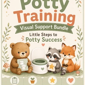 Puede incluir: Un póster de Potty Training Visual Support Bundle con un oso pardo, un mapache y un zorro junto a un pequeño orinal blanco. El texto dice Potty Training Visual Support Bundle, Little Steps to Potty Success, e incluye iconos para herramientas, confianza, hábitos y uso doméstico.