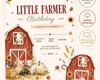 Little Farmer Birthday Invitation, Farm Animals, Barnyard Party, Editable Canva Template (Digital Download)
