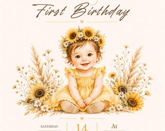 Sunflower First Birthday Invitation, Watercolor Baby Girl Boho Invite (Digital Download)