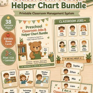 May include: A printable preschool classroom jobs and helper chart bundle featuring a bear illustration, job cards, editable name cards, and certificates. The set includes text labels for various classroom roles like line leader, snack helper, and library helper.