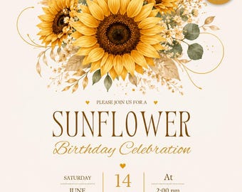 Sunflower Birthday Invitation, Boho Floral Watercolor Party Invite (Canva Template, Instant Download)