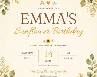 Sunflower First Birthday Invitation, Little Sunshine Watercolor Invite (Digital Download)