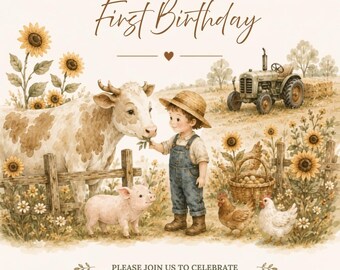 Little Farmer Watercolor Birthday Invitation, Tractor Farm Theme (Digital Download)