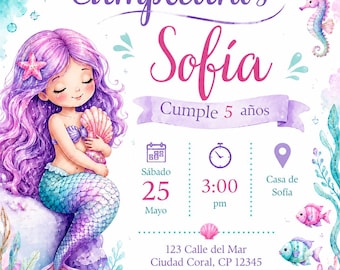 Mermaid Birthday Invitation Template, Watercolor Under The Sea Party Invite (Digital Download)