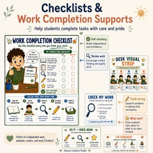Może przedstawiać: Zestaw plakat&oacute;w edukacyjnych zatytułowanych Checklists & Work Completion Supports, zawierający listę kontrolną zadań, wizualny pasek na biurko oraz przewodniki sprawdzania pracy z ilustracjami i tekstem.