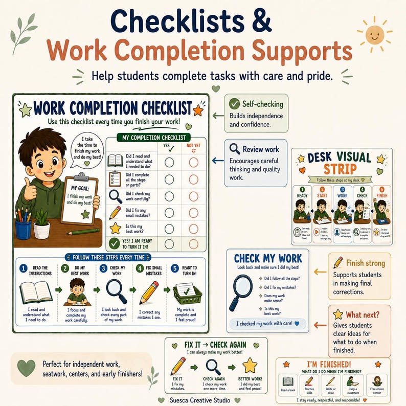 Może przedstawiać: Zestaw plakat&oacute;w edukacyjnych zatytułowanych Checklists & Work Completion Supports, zawierający listę kontrolną zadań, wizualny pasek na biurko oraz przewodniki sprawdzania pracy z ilustracjami i tekstem.