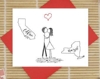 Custom State Couple Card: Long Distance Relationship Gift / Canoodle Doodles Collection