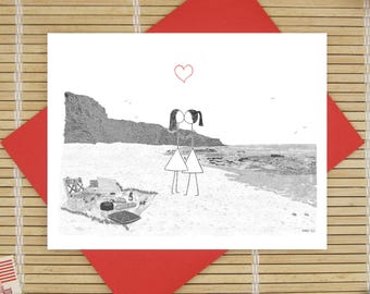 Canoodle Doodles No. 102 - Sunset Cliffs Beach / LESBIAN VERSION / Romantic Valentine's Day, Birthday, Anniversary, Engagement card