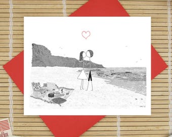 Canoodle Doodles No. 102 - Sunset Cliffs Beach / Romantic Valentine's Day, Birthday, Anniversary, Engagement card for Him or Her