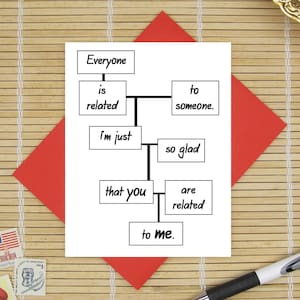 May include: A greeting card with the text "Everyone is related to someone. I'm just so glad that you are related to me." is displayed on a red diamond. The card is on a bamboo mat with stamps and a pen.