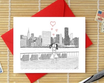 Canoodle Doodles No. 83 - New York City Skyline / LESBIAN VERSION / Romantic Valentine Birthday Anniversary Engagement Bridal Shower