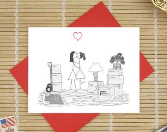 Canoodle Doodles No. 111 - New Home Kiss / LESBIAN VERSION / Romantic Housewarming, Just Moved, New House, New Apartment card
