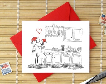 Canoodle Doodles No. 28 - Kitchen Kiss - Christmas Version// Romantic Holiday Winter Birthday or Anniversary card for Him or Her