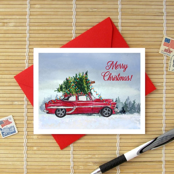 Vintage Car With Christmas Tree On Top / Funny Retro Humorous Classic Car Christmas Card / Choose Merry Christmas or Happy Holidays