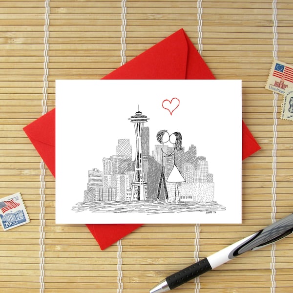 Canoodle Doodles No. 35 - Seattle Space Needle / Romantic Valentine, Birthday, Anniversary, Engagement, or Bridal Shower card for Him or Her