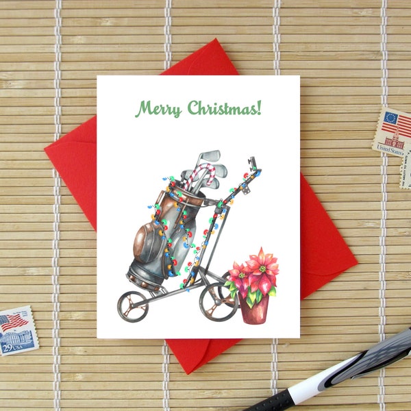 Christmas card for Golfers / Golf Bag with Candy Cane Club / Funny Humorous Golf Golfing Holiday / Choose Merry Christmas or Happy Holidays