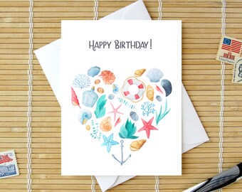 Happy Birthday / Card For People Who Love The Ocean / Ocean Sea Boating Beach Anchor Shells Coral Lifesaver / Text Options Available
