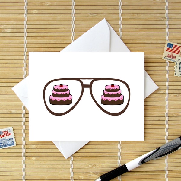 Birthday Cake In Aviation Sunglasses / Fun Happy Birthday card for him or her / glasses nerd humor humorous geek / 10 styles to choose from!