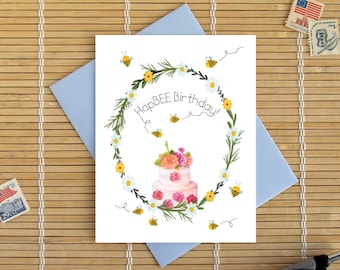 HapBEE Birthday! / Happy Birthday pun / Cute Bees Buzzing Around A Birthday Cake / Funny Sweet Backyard Bees Honey Hive Honeybee Beekeeper