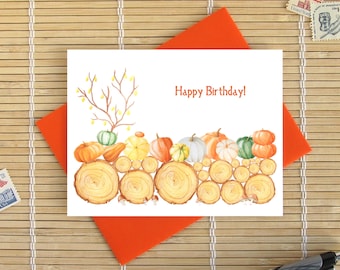 Pretty Pumpkins on a Woodpile / text options available Happy Halloween, Happy Thanksgiving, or Happy Birthday / pretty autumn fall greeting