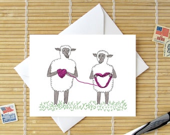 Nori's Critters 34 - Sheep With Yarn / Valentine Birthday Anniversary Engagement / text options, black or white sheep (or a combination)