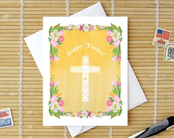 Easter Card / Beautiful Floral Happy Easter / Filagree Cross Christian Religious He Is Risen / Two Color Choices