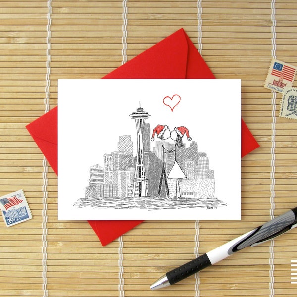 Canoodle Doodles No. 35 - Seattle Space Needle- Christmas Version // Birthday, Anniversary, Engagement, or Bridal Shower card for Him or Her