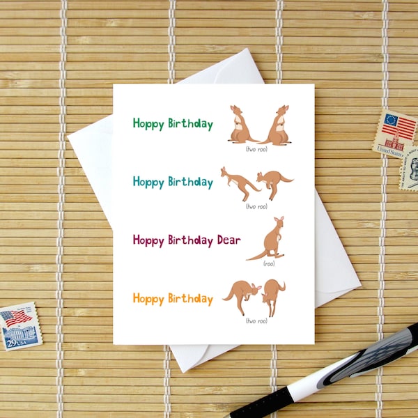 Happy Birthday Card / Hoppy Birthday Two Roo / Funny Kangaroo Pun Cute Outback Australian Down Under Zoo Animal - for kids and adults