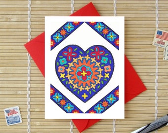Folk Art Heart No. 2 / Romantic Valentine Pretty Anniversary Birthday Congratulations Wedding Engagement I Love You Card for Him or Her