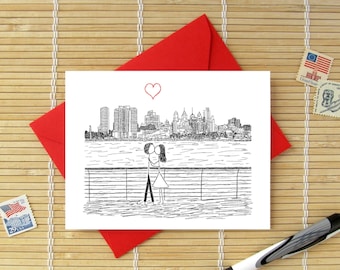 Canoodle Doodles No. 72 - Philadelphia City Skyline | Valentine, Birthday, Anniversary, Engagement or Bridal Shower card for Him or Her