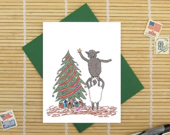 Nori's Critters No. 56 Two Sheep Decorating A Christmas Tree Holiday Card / black or white sheep (or combination) / choose envelope color