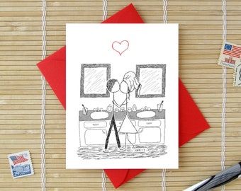 Canoodle Doodles No. 58 - Bathroom Kiss // Romantic Anniversary Housewarming Birthday Engagement or Bridal Shower card for Him or Her