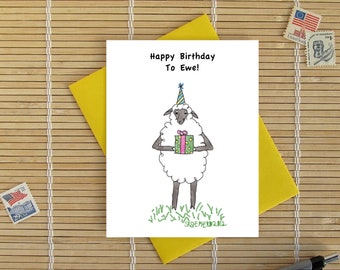 Sheep Holding A Present Card - Happy Birthday To Ewe // white or black sheep // available as Happy Birthday To You // choose envelope color